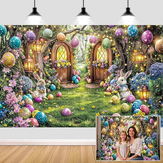 15X10ft Enchanted Forest Easter Backdrop Fairy Tale Rabbit Magic Garden Easter Egg Wonderland Floral Photography Background for Kids Girls Party Decoration Cake Table Photo Booth Props