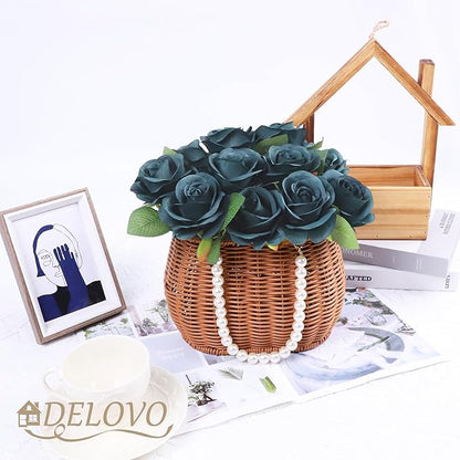 52pcs Emerald Green Roses Artificial Flowers Fake Flowers Silk Roses with Stems for DIY Wedding Bouquets Bridal Shower Centerpieces Arrangements Party Decorations
