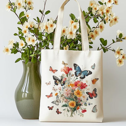 ANATTASOUL Canvas Tote Bag Butterfly Bouquet Reusable Cotton Bag for Women, Durable Cloth Shoulder Bags with Zipper Pockets for Shopping, Vacation, Work, Gym