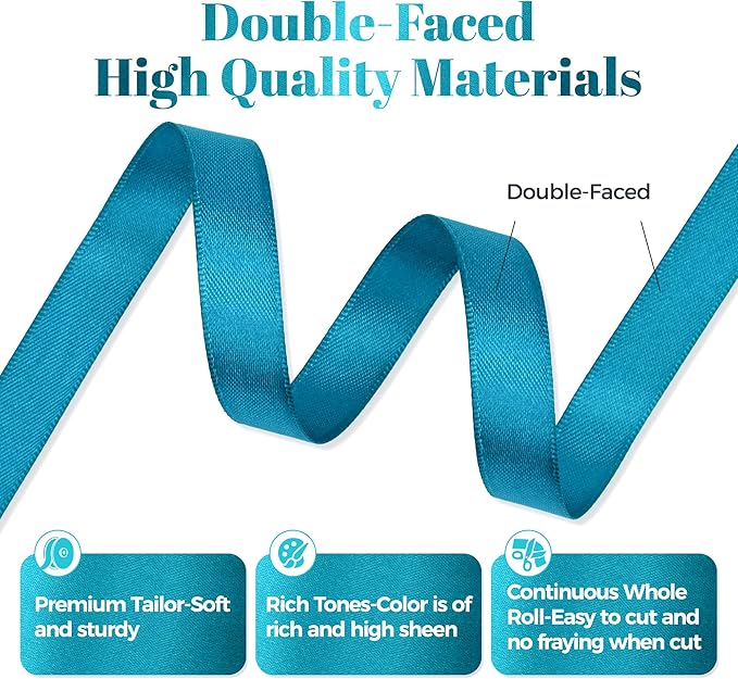 Turquoise Blue Satin Ribbon, Double Faced 1/2 Inch X 25 Yards Turquoise Ribbon, Premium Satin Ribbon for Gift Wrapping, Crafts, Hair Bow Making, Sewing, Flower Bouquet, Wedding Party Decor