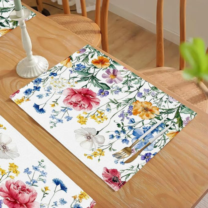 Poppy Floral Placemats Set of 4, Watercolor Wildflower Place Mats, Leaves Spring Dining Table Mats, Washable Flower Placemats for Kitchen Dining Room Home Decor 18L'' × 12W''