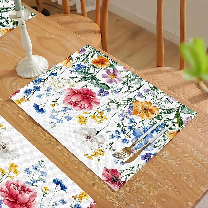 Poppy Floral Placemats Set of 6, Watercolor Wildflower Place Mats, Leaves Spring Dining Table Mats, Washable Flower Placemats for Kitchen Dining Room Home Decor 18L'' × 12W''