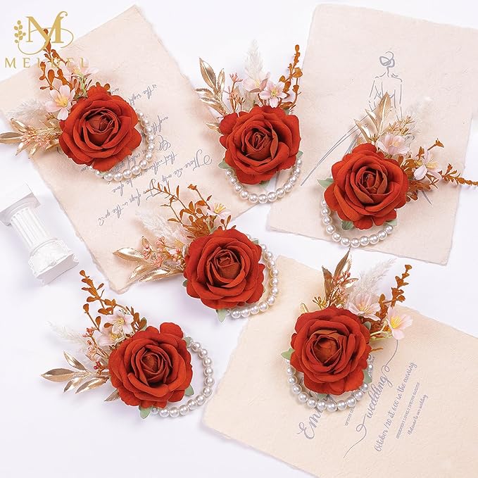 Meldel Burnt Orange Wrist Corsage and Boutonniere Set, Flower On Wrist for Bride Bridesmaid Wedding, Boutonniere for Men Groom Groomsman Wedding Accessories Prom Party Suit Decorations