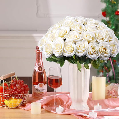 Artificial Rose Flower Ivory Flowers Ivory Roses White Roses Silk Flowers 50 pcs with Long Stem Silk Roses Bouquet for Wedding Bridal Shower Party Home Decoration