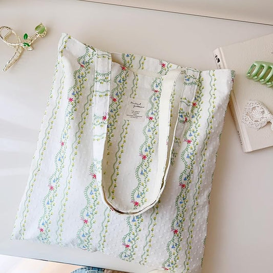 Cotton Canvas Tote Bag Reusable Soft Grocery Cloth Bag Floral Shoulder Bag for Beach Travel Shopping