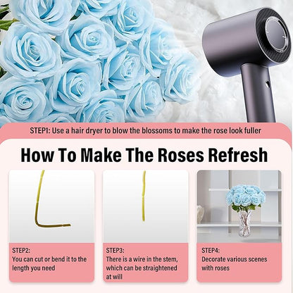 20PCS Artificial Roses with Long Stems - Realistic Silk Flowers, Fake Roses Real Touch Bouquet of Roses for Home Decor, Bridal Wedding Party Table Centerpieces, Bulk Faux Rose Flowers ( Sky Blue )