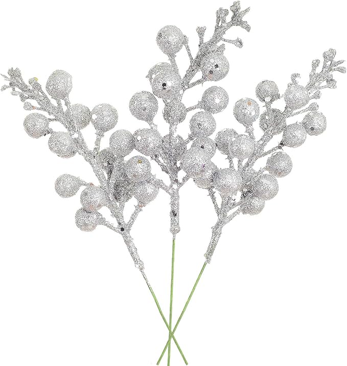 14 Pack Christmas Glitter Berries Stems Clearance, 7.8 Inch Artificial Christmas Picks for Christmas Tree Ornaments, DIY Xmas Wreath, Crafts, Holiday and Home Decor, Silver