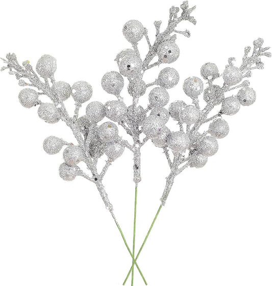 14 Pack Christmas Glitter Berries Stems Clearance, 7.8 Inch Artificial Christmas Picks for Christmas Tree Ornaments, DIY Xmas Wreath, Crafts, Holiday and Home Decor, Silver