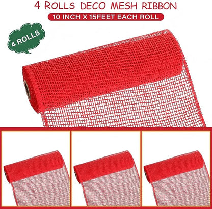 Chuangdi 4 Rolls Poly Burlap Mesh Poly Burlap Deco Ribbon Mesh Roll for Christmas Spring Summer Easter 4th of July DIY Flower Wreath Garland, 10 Inch(Red)