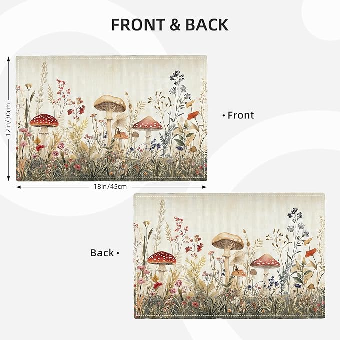 Cute Mushroom Placemats Set of 6, Flowers Plant Place Mats, Rustic Leaves Dining Table Mats, Washable Placemats for Kitchen Dining Room 18L'' × 12W''