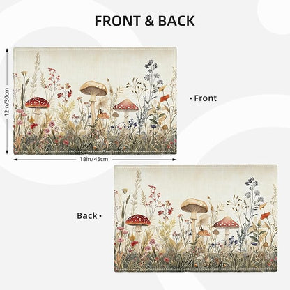 Cute Mushroom Placemats Set of 6, Flowers Plant Place Mats, Rustic Leaves Dining Table Mats, Washable Placemats for Kitchen Dining Room 18L'' × 12W''
