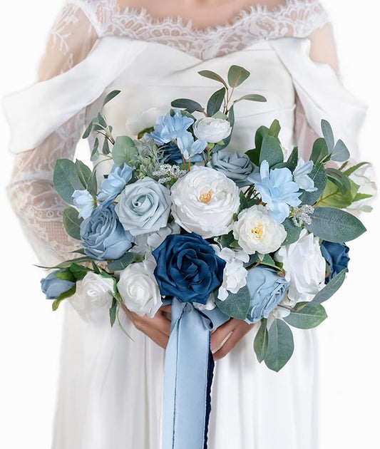14 Inch Navy Blue Bridal Bouquet,Dusty Blue Wedding Bouquet,Bride Bouquets for Wedding Ceremony Anniversary, Party and French Rustic Vintage Wedding,Artificial Flowers…