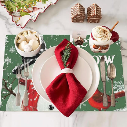 Let It Snow Placemats Set of 4,Christmas Snowman Placemats for Dining Table,Heat Resistant Stain Resistant Wipeable Table Mats for Kitchen Dining Holiday Party Home Decor,12x18 Inch
