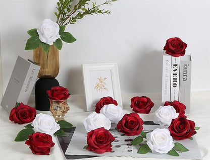 20pcs White Roses Artificial Flowers Fake Roses Real Looking Silk Flowers Bulk Big Faux Roses with Stems for Wedding Centerpieces Table Home Party Decor Bridal Floral Arrangements (White)