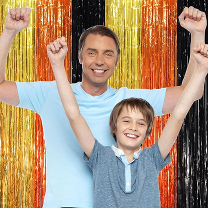 2 Pack Black Gold Orange Foil Fringe Backdrop Curtains, Tinsel Streamers Party Decorations, Fringe Backdrop, Door Shimmer for Construction or Birthday Party