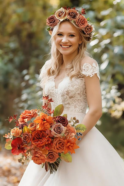 Burnt Orange Artificial Flowers Set - Fake Roses, Peonies, Silk Flowers with Stems for DIY Wedding Bouquets,Floral Arrangement,Table Centerpieces,Baby Shower, Home Decor