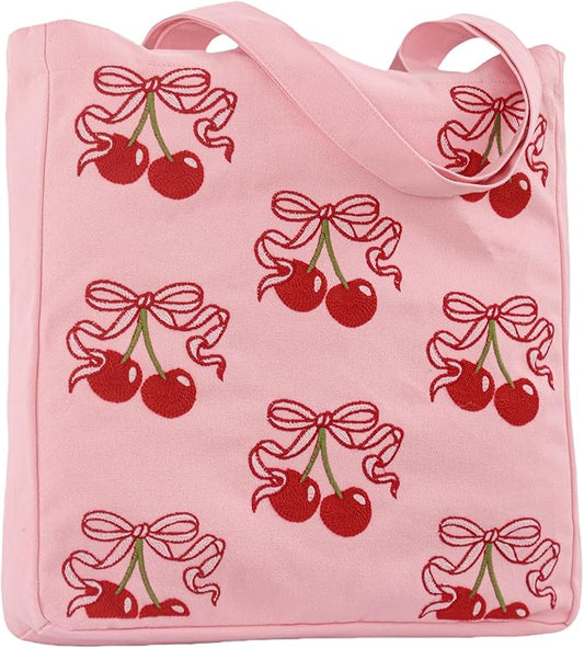 Aesthetic Embroidery Tote Bag for Lady Cute Reusable Canvas Shoulder Bag for Girls Women Shopping Grocery