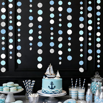 Dusty Blue Silver White Polka Dots Garland Hanging Paper Circle Dot Streamer for Nautical Baby Shower Birthday Wedding Engagement Bridal Shower Retirement Graduation Hen Party Decorations Supplies
