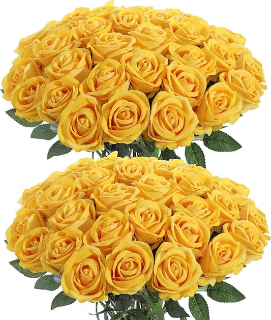 50Pcs Yellow Roses Artificial Flowers Fake Roses Faux Velvet Silk Flower for Home Wedding Decoration (Pearl Rose, Yellow)