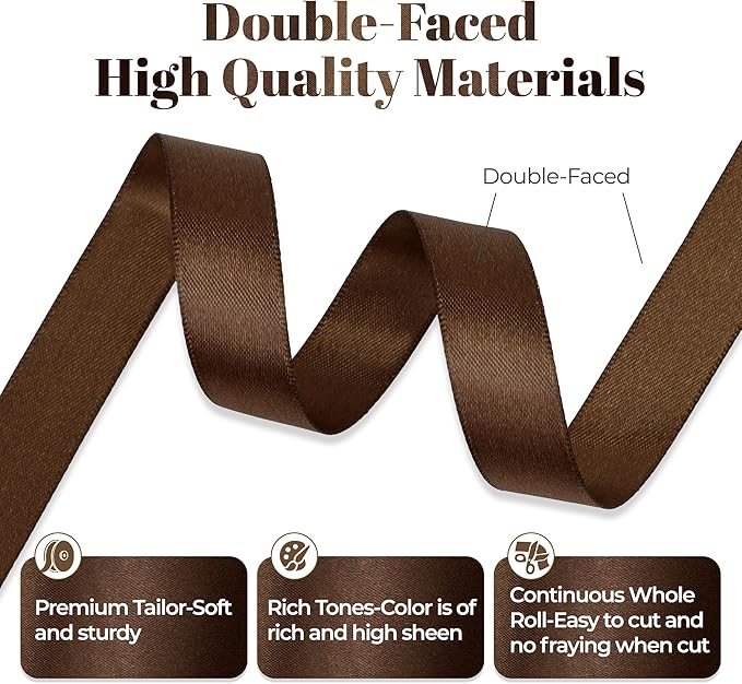 Brown Satin Ribbon, Double Faced 5/8 Inch X 25 Yards Brown Ribbon, Premium Satin Ribbon for Gift Wrapping, Crafts, Hair Bow Making, Sewing, Flower Bouquet, Wedding Party Decor