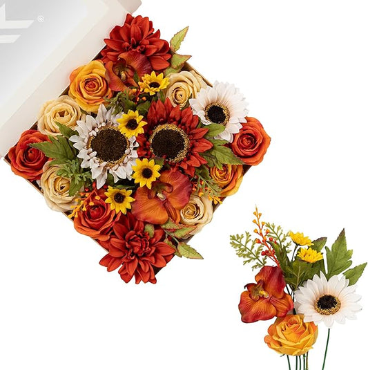 FANKO Artificial Flowers Burnt Orange Rose, Mixed Fake Silk Flowers Combo Champagne Yellow Rose Orange Sunflower Orange Dahlia Vintage Autumn for DIY Wedding Bridal Bouquets, Home Decor