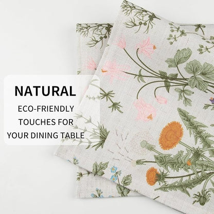 QIYI Boho Placemats Set of 6, 12x18 Inch Linen Fabric Floral Place Mats for Kitchen Dinning, Farmhouse Rustic Cloth Table Mats, Washable Placemat Botanical Party Table Décor, Wildflowers Herbs