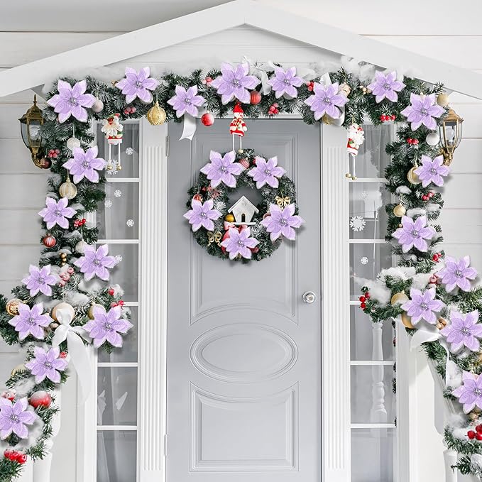 WILLBOND 24 Pcs 3 Size Poinsettia Flower Artificial Christmas Decor Glitter Poinsettia Christmas Ornaments Faux Flowers for Xmas Tree Outdoor(4/6/7.9 Inches,Purple)
