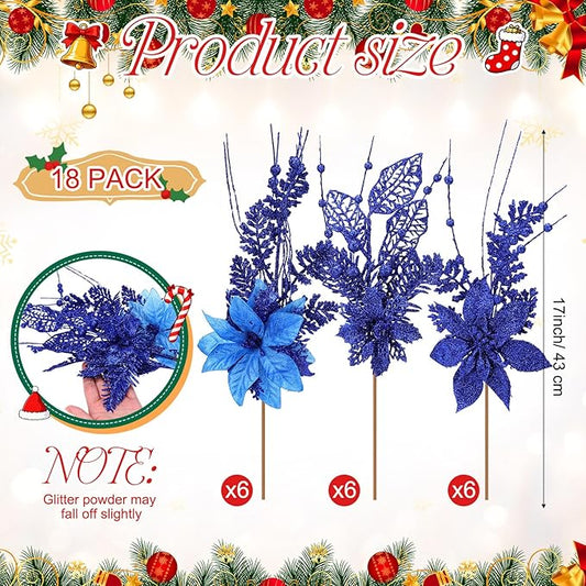 18 Pack 3 Styles 17 Inch Christmas Glitter Poinsettia Berry Stems Ornaments Artificial Floral Branches Picks for Christmas Tree Home Vase Holiday Party Decor(Royal Blue)