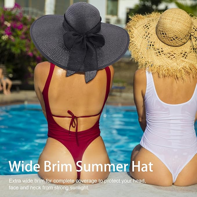 DRESHOW Beach Hats for Women Big Straw Wide Brim Summer Hat Floppy Foldable Roll up Cap Sun Hat UPF 50+