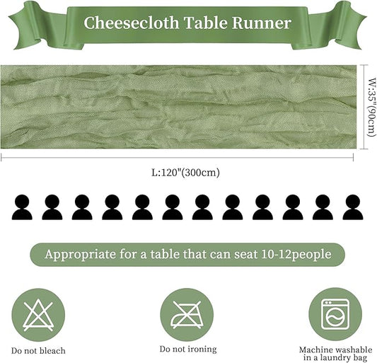 24 Pack Sage Green Cheesecloth Table Runner 10FT Long Boho Gauze Table Runner Rustic Sheer Runner for Wedding Bridal Baby Shower Birthday Party Table Decor Thanksgiving Christmas Decorations