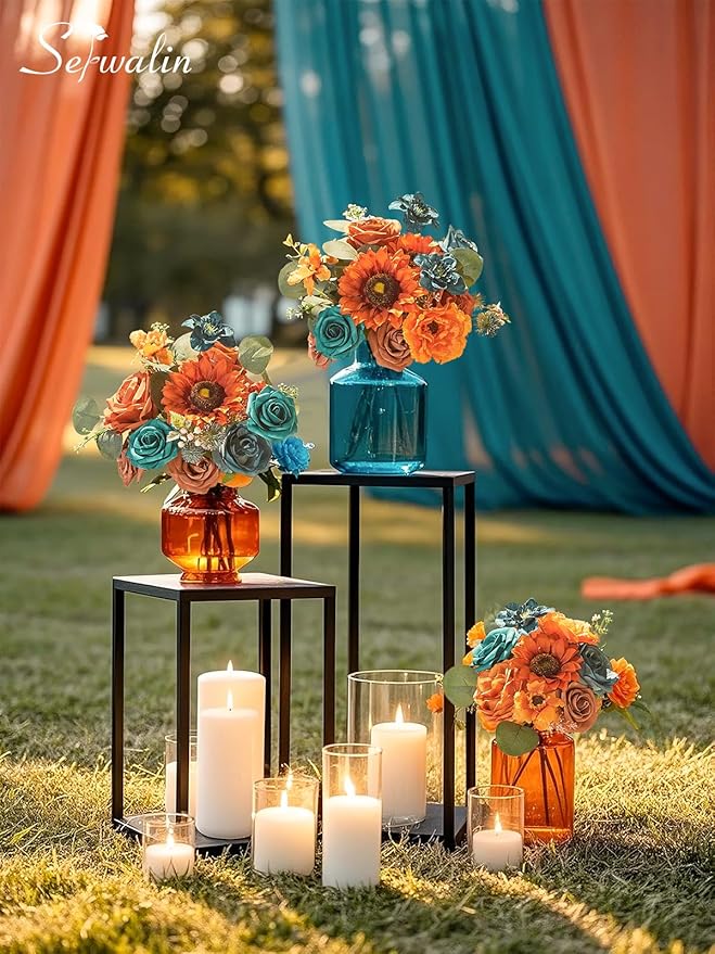 Serwalin Artificial Burnt Orange & Teal Flowers, Orange Silk Fake Flowers, Autumn Faux Sunflowers for Wedding Bouquet, Table Centerpieces, Home Decor