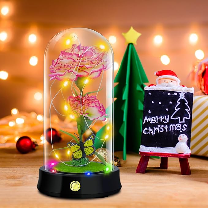 QUELIEN Christmas Carnation Flowers Gifts for Mom,Pink Artificial Carnation in Glass Dome with Led Light for Mother's Day,Birthday,Christmas