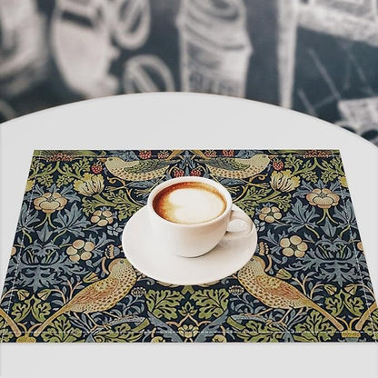 William Morris Floral Placemats Set of 4, Vintage Flower Strawberry Birds Place Mats, Heat Resistant Non Slip Cotton Linen Dining Table Mats for Home Kitchen Party 18x12 Inch