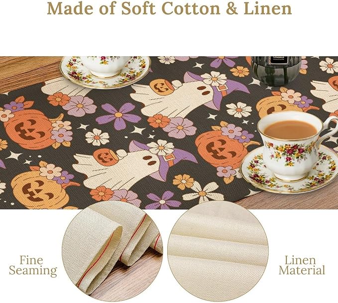 Halloween Table Runner,Cute Ghost Pumpkin Pattern Table Runner for Home Kitchen Table Dining Garden Farmhouse Wedding Party Decor 13x36 Inch