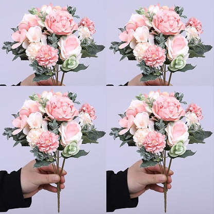 4 Pack Artificial Peony Flowers, Silk Peonies Flowers Fake Peonies Artificial Flowers Peonies Hydrangea Bouquet for Centerpiece Table Wedding Party Home Decor (Pink + White)