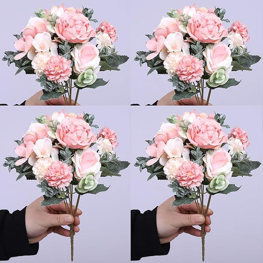 4 Pack Artificial Peony Flowers, Silk Peonies Flowers Fake Peonies Artificial Flowers Peonies Hydrangea Bouquet for Centerpiece Table Wedding Party Home Decor (Pink + White)