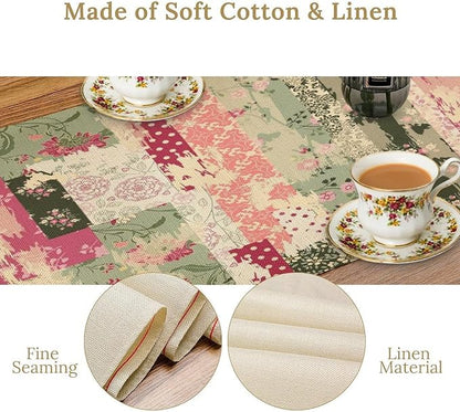 Patchwork Flower Table Runner,Abstract Colorful Floral Retro Style Hand Drawn Tablecloth Burlap for Hotel Indoors Outdoor Dining Room Kitchen Home Decor,W13X L60 in