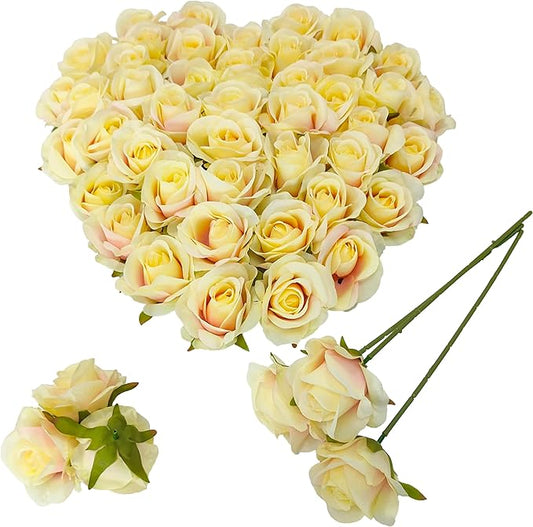 Artificial Satin Rose Flower Heads,42 Pcs Silk Rose Heads with Stems,3.3'' Rose Artificial Flowers Bulk,Artificial Rose Flower Heads for DIY Crafts Bouquet (42, Champagne)