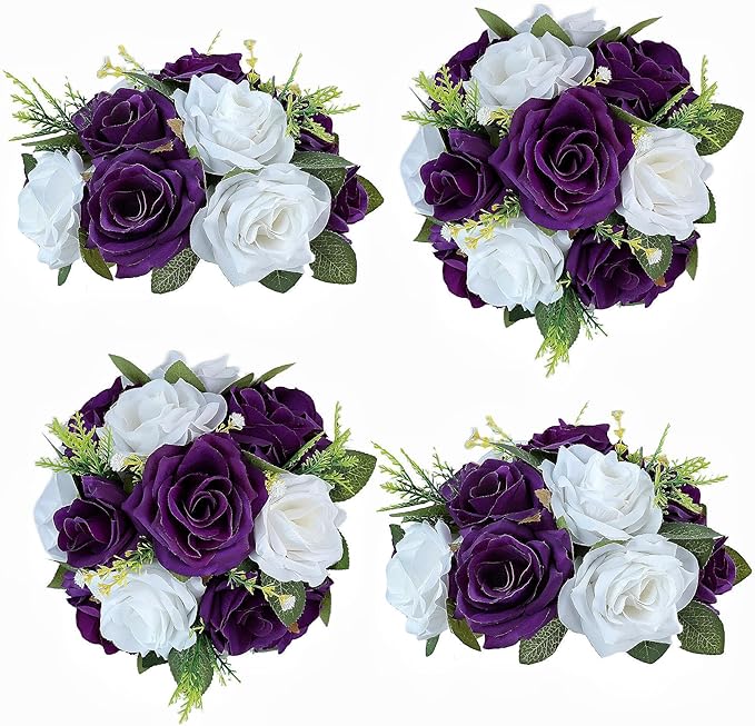 Artificial Flowers Ball 4 Pcs Purple White Wedding Table Centerpiece Decorations Arrangement