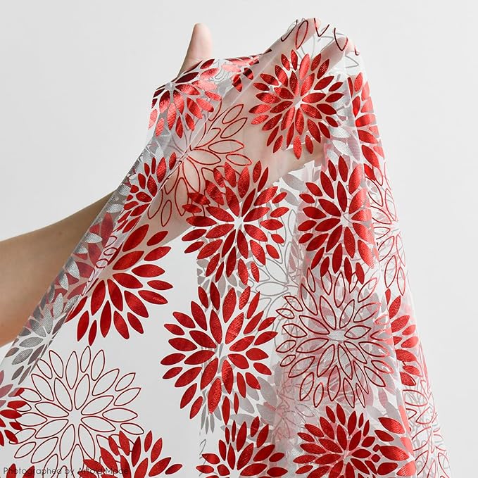 Artoid Mode Beige Red Dahlia Flower Gauze Table Runner 120 Inch 10FT, Glitter Metallic Foil Seasonal Sheer Dining Holiday Table Decor for Home Party