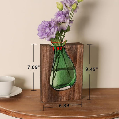Wood and Glass Inlay Vases Farmhouse Wooden Glass Flower Vase Solid Wood Glass Vase Home Decor Vases for Centerpiece (9.29 Inches)