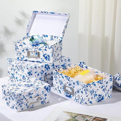 Briful Blue and White Porcelain Storage Boxes with Lids, Set of 4 – Chinoiserie Nested Card Photo Storage Box Organizer, Decorative Paperboard Box for Closet, Office, Gifts,Cosmetic,Books