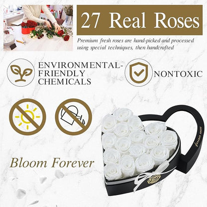 16 Forever Flowers in Heart Shaped Box - Preserved Roses Romantic Gifts for Her, Valentine’s Day, Anniversary, Wedding (White)