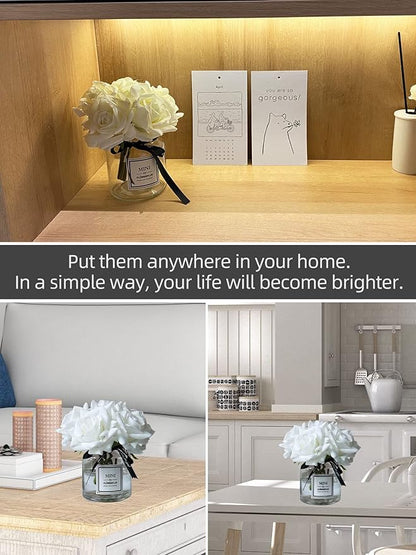 Artificial Flowers with White Roses in Vase, Fake Flowers in Glass Jar with Ribbon, Silk Flower Arrangements in Vase with Artificial Flowers for Home Dining Table Decor.