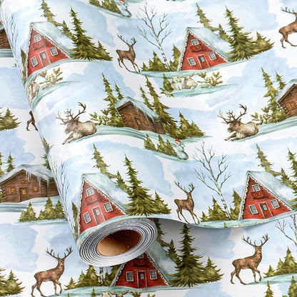 MAYPLUSS Christmas Wrapping Paper Roll - 17 In x 33 Feet - Cute Watercolor Christmas Tree Reindeer Log Cabin Gift Wrap Paper for New Year, Holiday, Kids