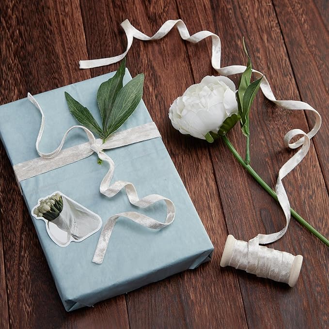 Ivory White Velvet Ribbon Double-Sided Handmade Glossy Fabric Trim Wooden Spool Thin Ribbons for Christmas Tree Gift Wrapping Crafts Wedding Flower Bouquet 3/8 inch x 5YD 3 Rolls
