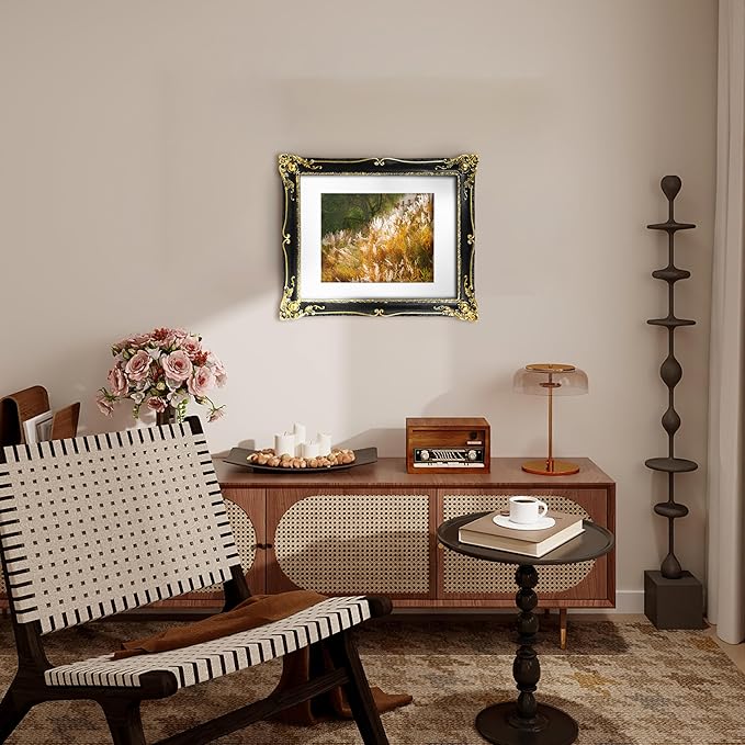 SIMON'S SHOP 11x14 Picture Frame Matted to 8x10 Photo, Vintage Black Picture Frames 11x14 with Mat, Baroque Style Wall and Tabletop Display Poster Frames