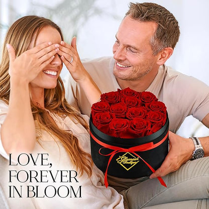 GLAMOUR BOUTIQUE Flowers Forever Gift Box 12 Real Preserved Roses in a Velvet Black Box, Birthday for Her Mom and Wife, Mothers Day, Anniversary, Graduation - Red