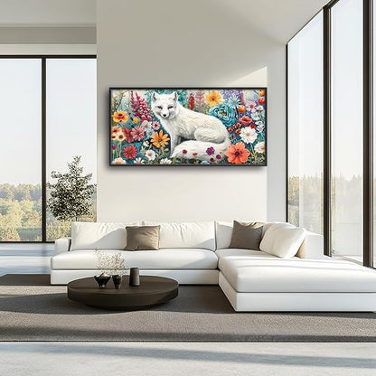 Framed Large Pictures Wall Art for Living Room, White Fox Oversized Wall Decor Animal Floral Canvas Print Painting Modern Extra Large Framed Artwork for Bedroom Office 60"x30"