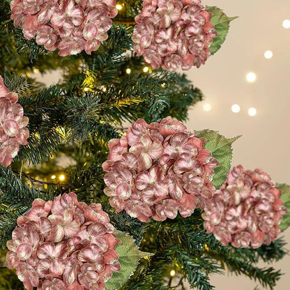 Hollyone Christmas Tree Ornaments 3Pcs Artificial Hydrangea Flowers Heads with Clips Glitter Fake Hydrangea Flower for Christmas Tree Floral Vintage Faux Hydrangea for Wedding Party Xmas Pink